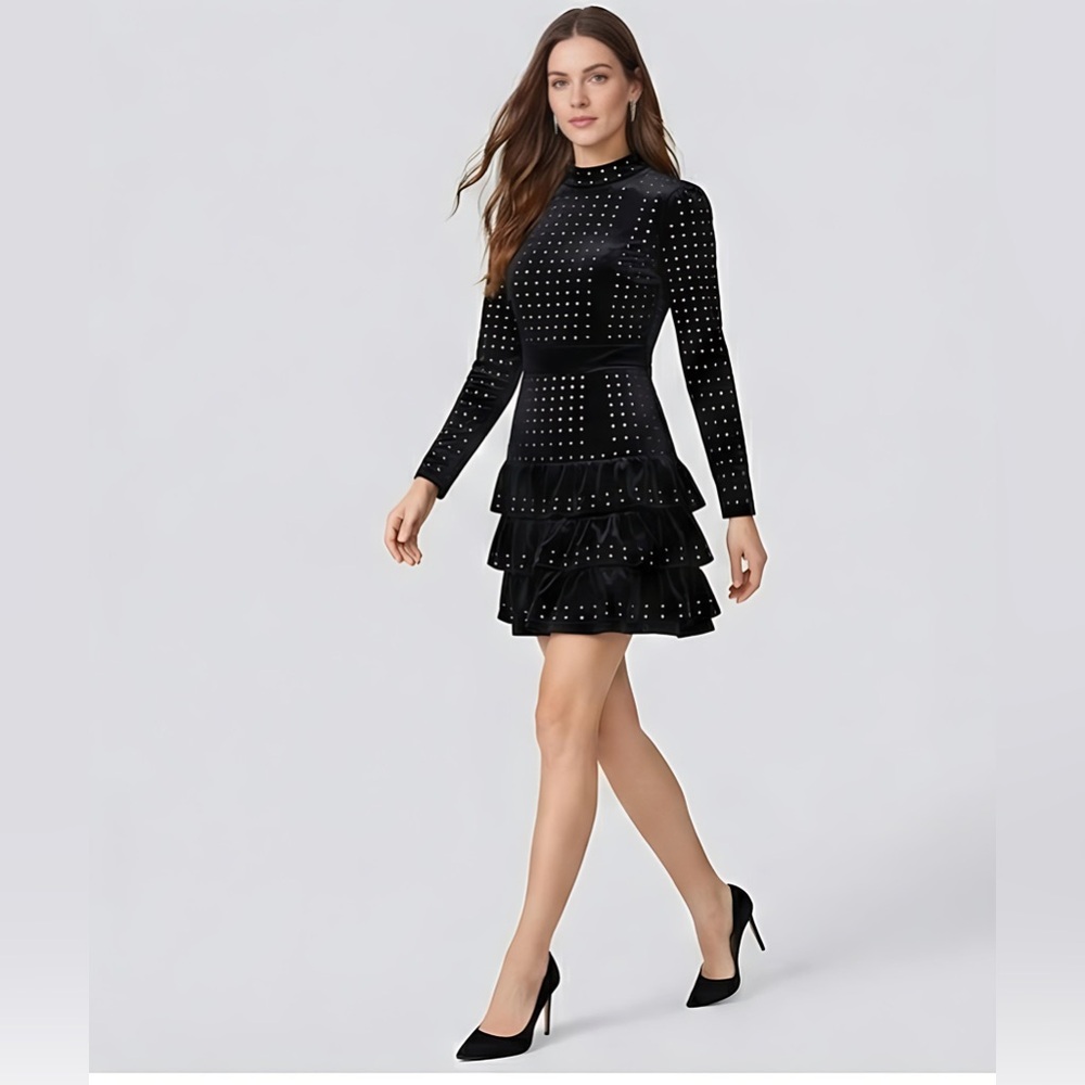 Velvet And Rhinestone Ruffle Hem Mini Dress Black - Picture 7 of 9